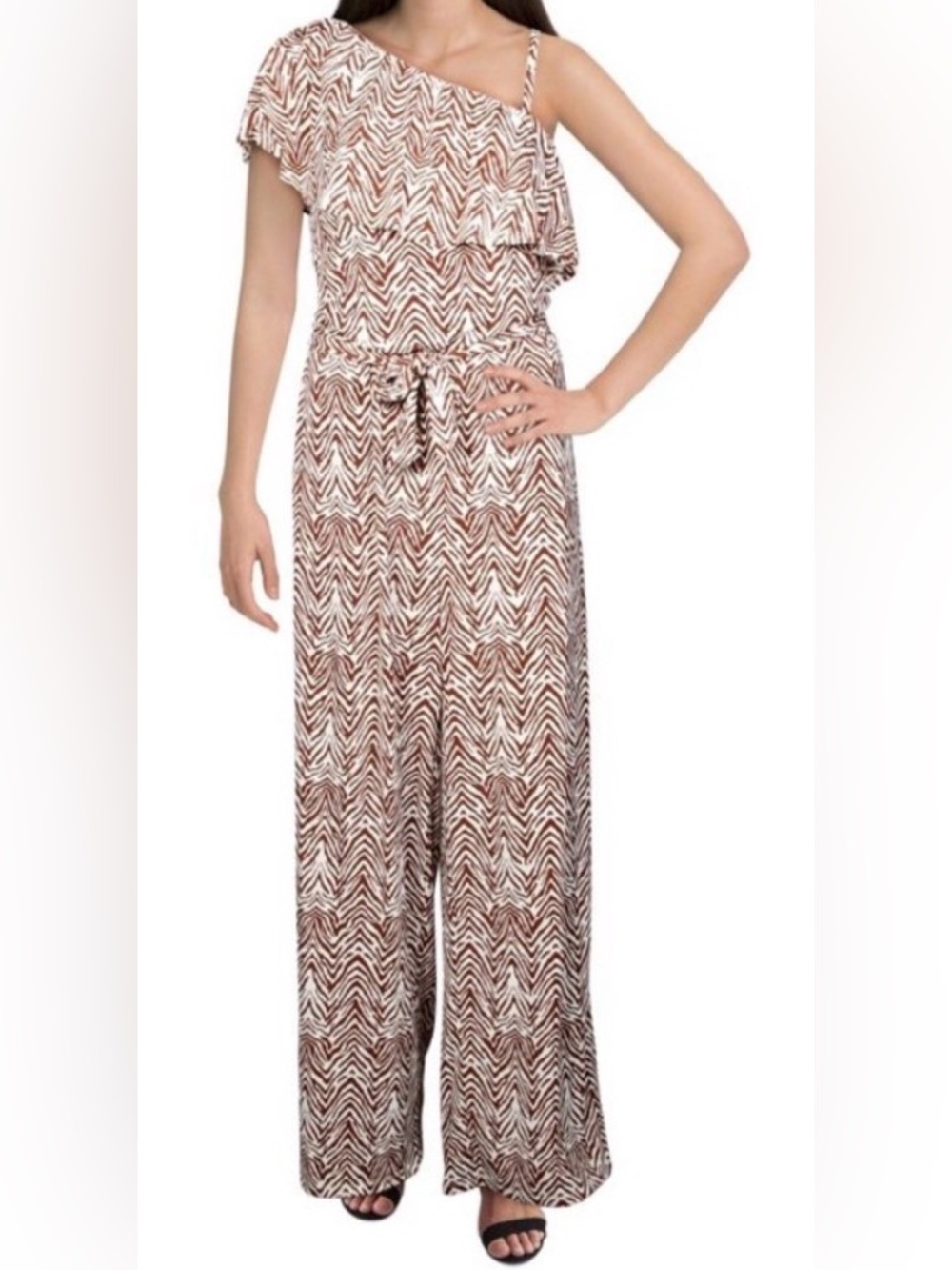 One-Shoulder Brown and White Printed Jumpsuit